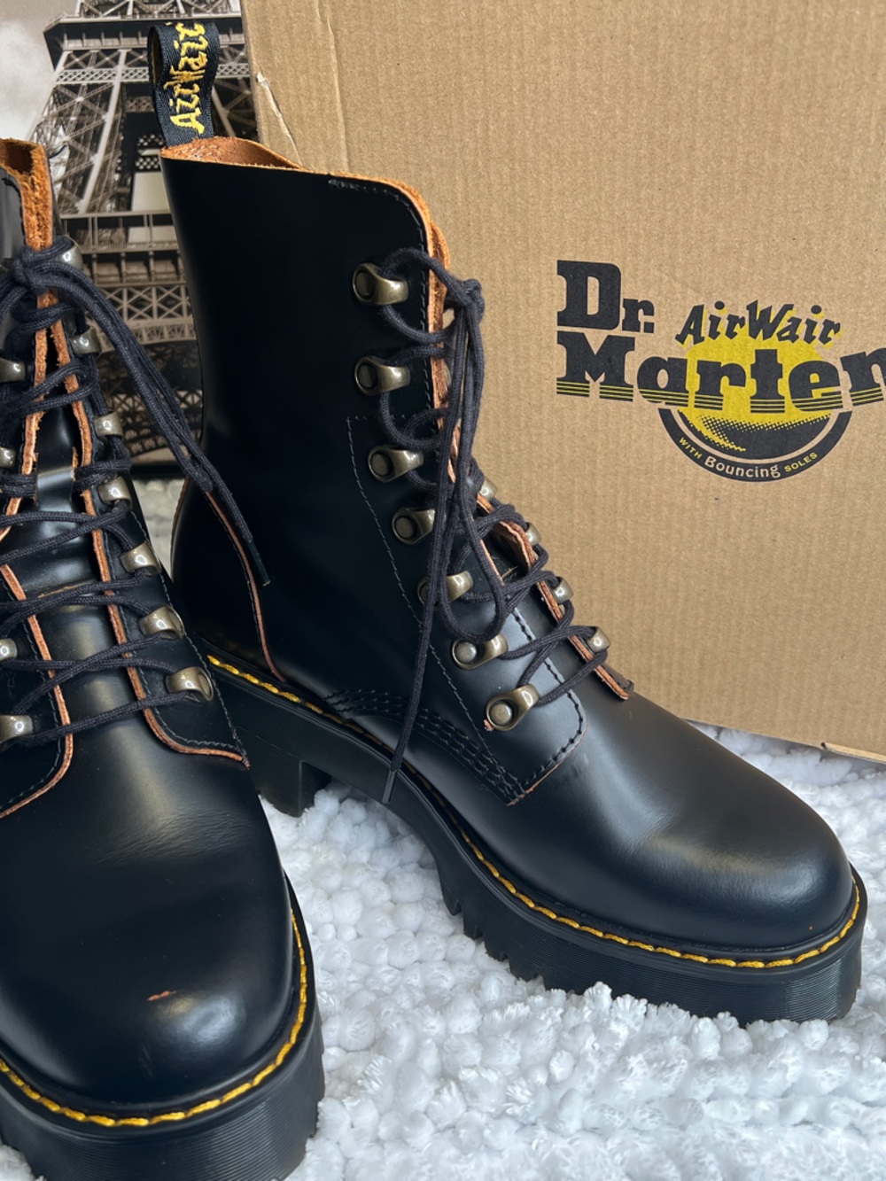 Dr. Martens Classic Leona Black Smooth Leather Combat Boot w/yellow stitching.
